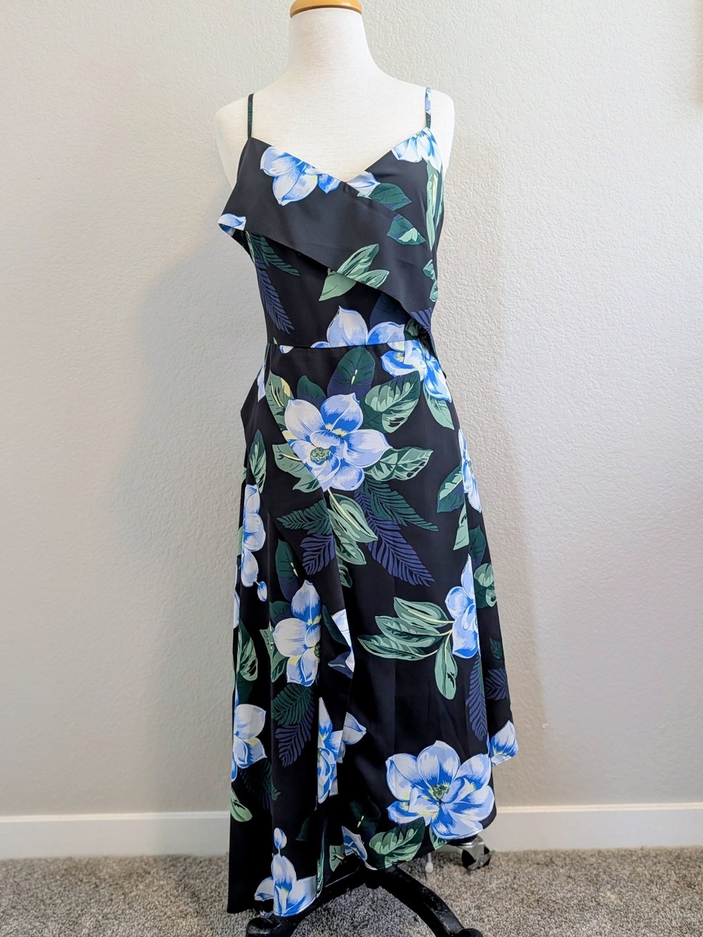 Floral Black & Blue Spaghetti-Strap Wrap Dress